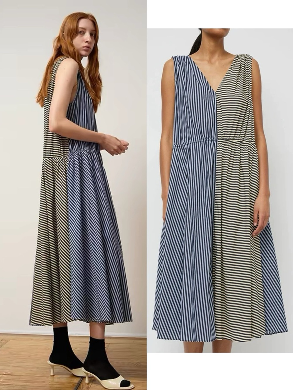 NO.6 Leigh Midi Dress - Stripe Combo Blue Black White Causal Cotton, S